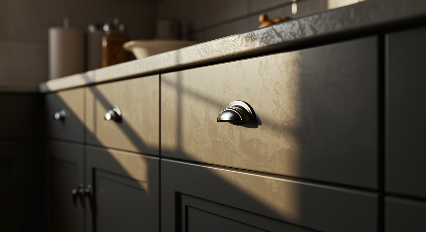 Wood Cabinet Johor Choosing Cabinet Hardware, Kitchen Cabinet Aesthetics, Kitchen Cabinet, Home Kitchen Cabinet, Cabinet Hardware, Hardware Option, Cabinet Hardware Choice