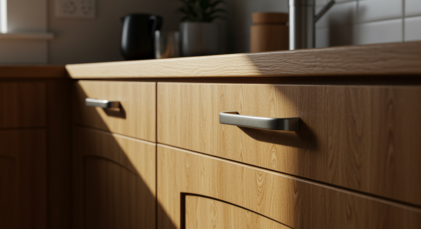 Wood Cabinet Johor Choosing Cabinet Hardware, Kitchen Cabinet Aesthetics, Kitchen Cabinet, Home Kitchen Cabinet, Cabinet Hardware, Hardware Option, Cabinet Hardware Choice